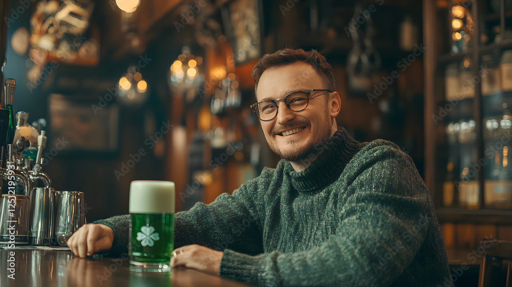 Smiling Irish man holding a large glass of green beer in a cozy and festive pub setting decorated with warm lighting, celebrating St. Patrick's Day traditions Smiling Irish man holding a large glass of green beer in a cozy and festive pub setting decorated with warm lighting, celebrating St. Patrick's Day traditions