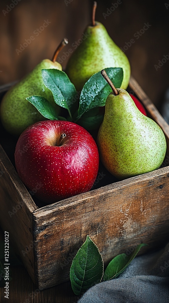 Ripe pears, apple in wooden box, rustic background, autumn harvest, food photography Ripe pears, apple in wooden box, rustic background, autumn harvest, food photography