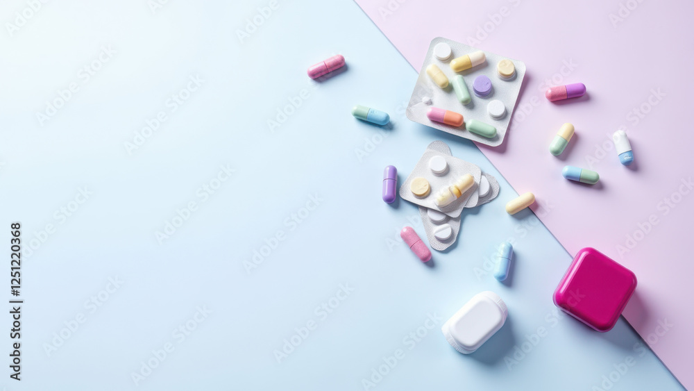 The image features a variety of colorful tablets scattered on a light blue surface with a darker blue border, symbolizing pharmaceuticals or medication. The image features a variety of colorful tablets scattered on a light blue surface with a darker blue border, symbolizing pharmaceuticals or medication.