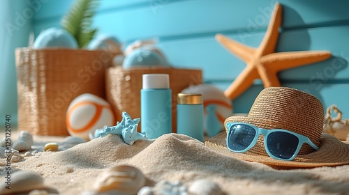Beach essentials for kids sand playset, sunscreen, sunhat, sunglasses, and slippers on an orange background.