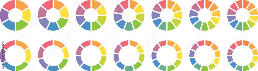 Circle division infographic icon set. Pie chart divided 4,5,6 equal parts. Pie chart set. Color pizza or donut round diagram. Circle section graph. Infographic wheel segment and fraction. Circle division infographic icon set. Pie chart divided 4,5,6 equal parts. Pie chart set. Color pizza or donut round diagram. Circle section graph. Infographic wheel segment and fraction.