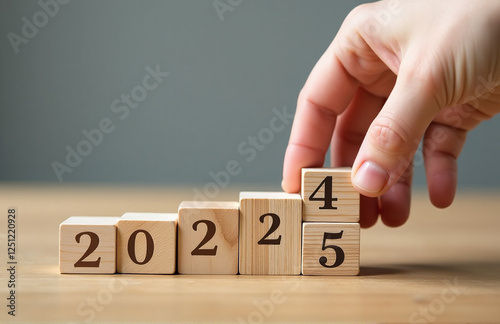 A Hand Assembles Wooden Blocks In A Row, Creating A Progress Bar That Transitions From 2024 To 2025 With Each Block Added. 00002