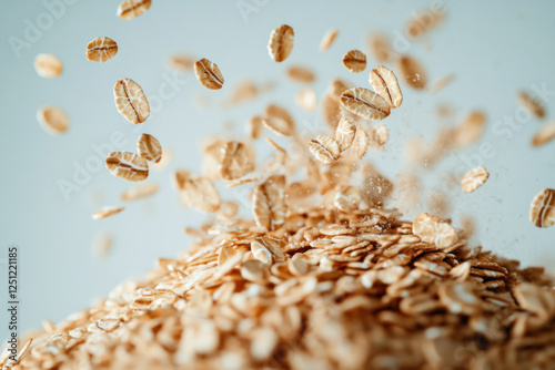 Oats with fruits and nuts in a bowl, morning sunlight illuminating the breakfast spread on a cozy wooden table.