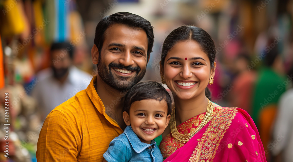 Portrait of a happy young family with one child in colorful Portrait of a happy young family with one child in colorful