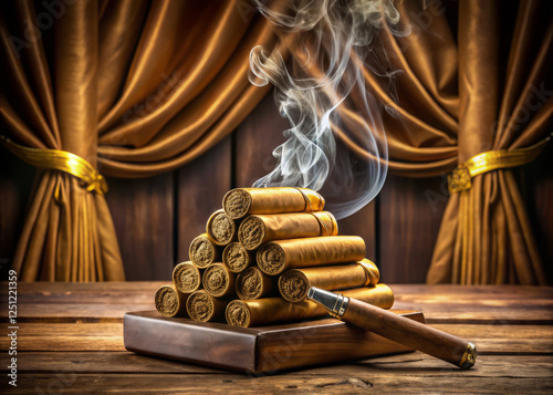 Premium cigars arranged in pyramid with smoke swirling around them
