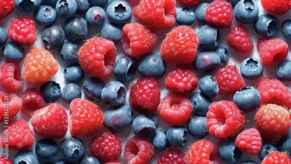 Fresh raspberries and blueberries scattered on a white background. Vibrant colors and high detail make this composition perfect for food-related designs, packaging, and healthy lifestyle concepts Fresh raspberries and blueberries scattered on a white background. Vibrant colors and high detail make this composition perfect for food-related designs, packaging, and healthy lifestyle concepts