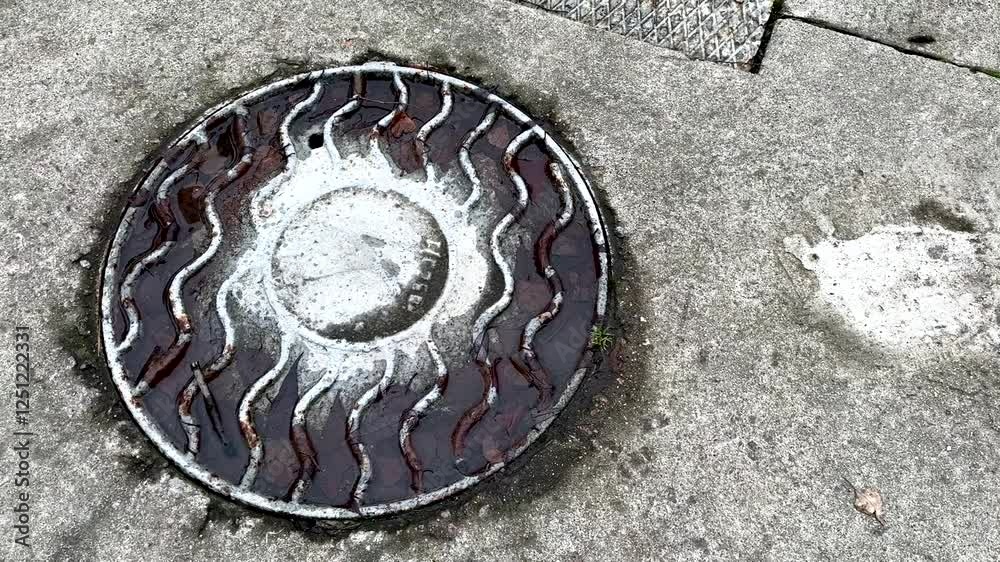 A dirty rusty iron hatch with a pattern is located next to dry grass during the daytime. The water is on the surface of the hatch. Close-up