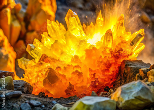 Vibrant orange and yellow sulfur crystals burst forth from jagged rock formations, creating