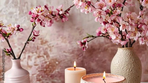 Vase with two candles and a vase with a single candle are on a table. The candles are lit and the vases are filled with pink flowers. Concept of warmth and relaxation, as the candles