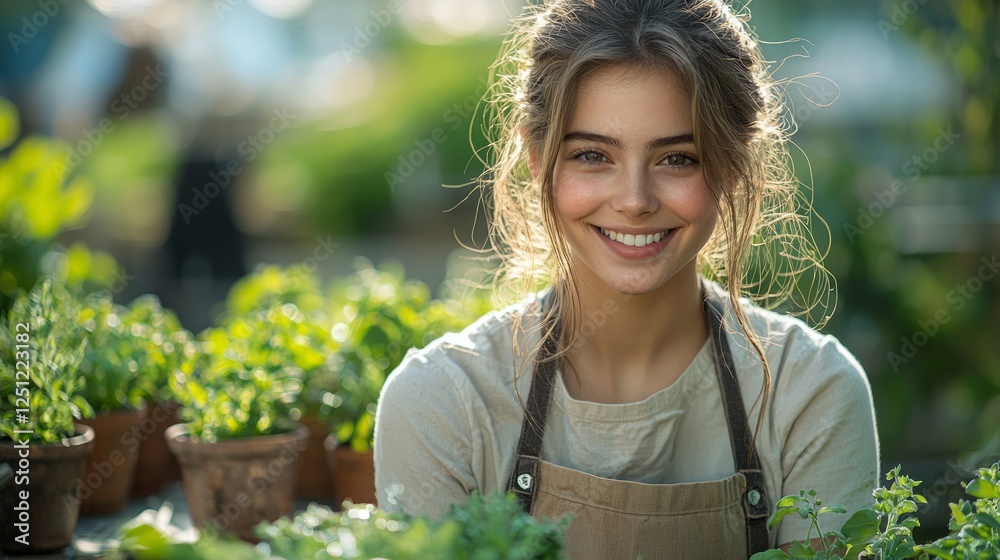 Fototapeta premium Woman gardener smiling, plants in background, greenhouse setting, possible use for gardening or lifestyle stock photo