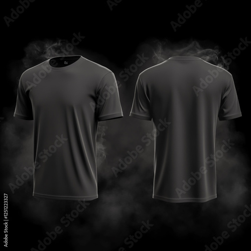 Realistic dark gray T-shirt, front and back view, black background with smoke around the shirt