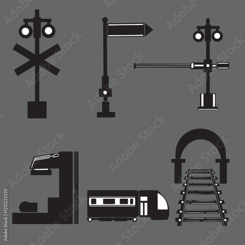 set of traffic lights and train aisle trains vector flat style