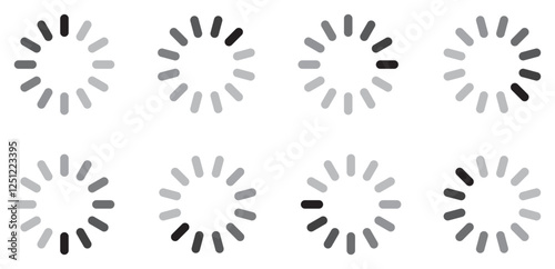 Hollow circle vector icon set. buffering icon set. Loading icon set. Internet download or upload buffering symbol icons. Hollow circle divided into eight parts vector icon set with white background.