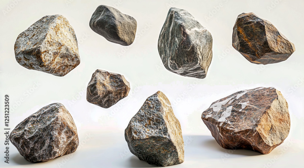 Floating rocks of various shapes and sizes, white background. Floating rocks of various shapes and sizes, white background.