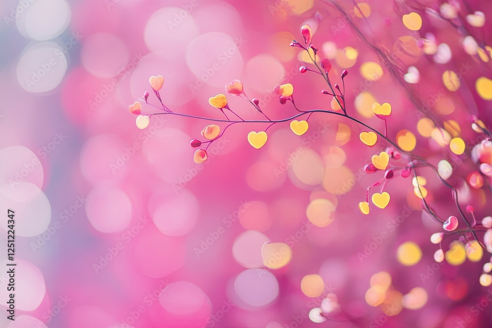 Fototapeta premium blurred pink background with small yellow hearts, valentine's day, bokeh effect, 