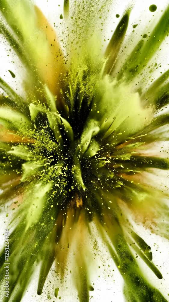 Bright green explosion of paint splatters on white background creating an artistic visual display of color