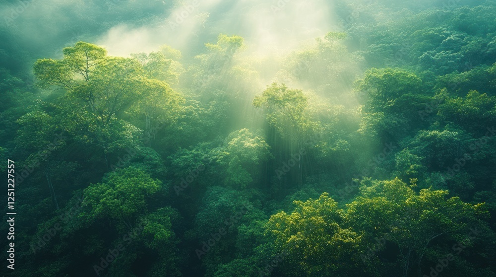 Fototapeta premium Sunbeams pierce misty rainforest canopy, aerial view