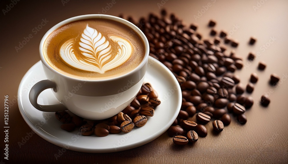 Fototapeta premium aromatic coffee latte with exquisite leaf art served in a white cup beside roasted coffee beans