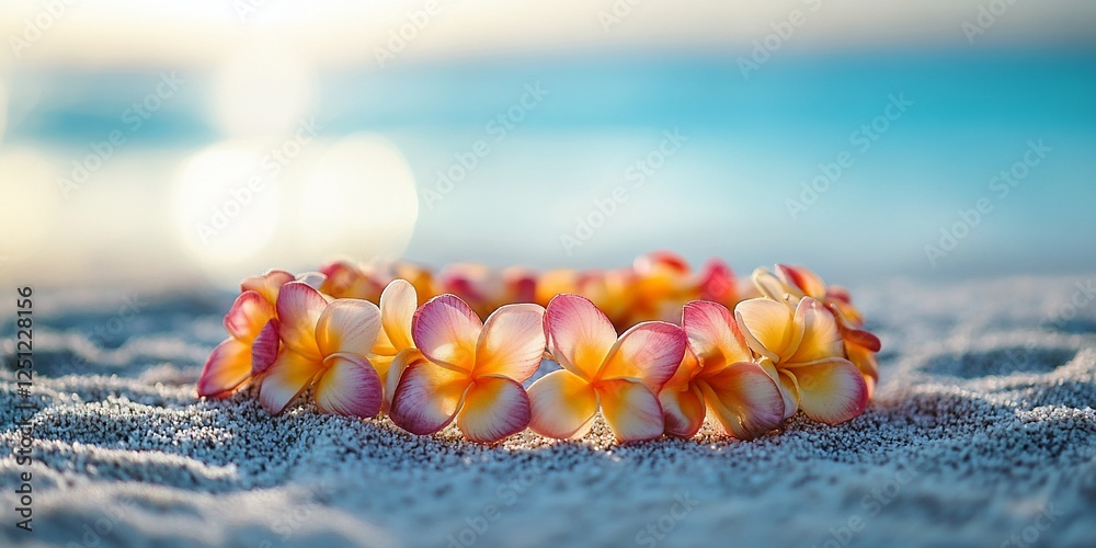 Naklejka premium Tropical flower lei on beach at sunset