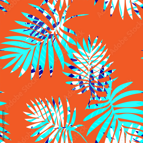 Bright vector seamless pattern with colored silhouettes of tropical leaves on orange. Perfect for fashion apparel fabric, trendy package, bedding, wallpaper, accessories, outerwear, cloth textile.