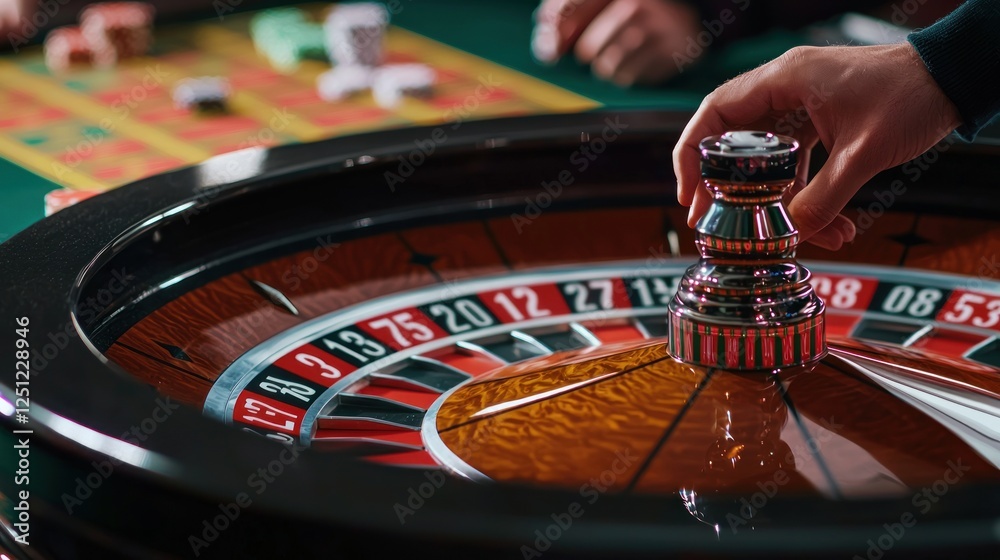 Casino roulette wheel spin, close-up hand, gambling Casino roulette wheel spin, close-up hand, gambling