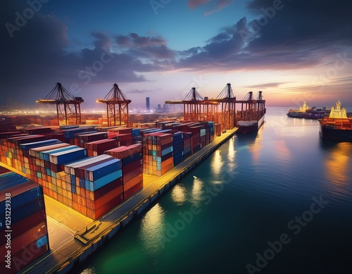 gloomy twilight descends upon a bustling harbor casting a dramatic glow on stacks of colorful cargo containers a city skyline faintly visible in the background the scene evokes a sense of quiet in photo