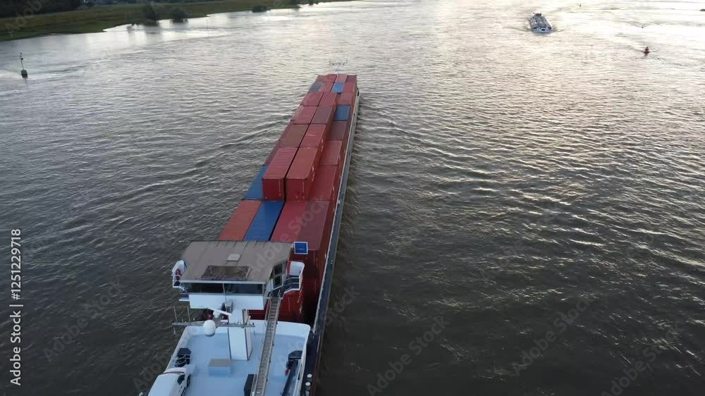A cargo ship transports containers along a serene river during the golden hour. The water reflects the vibrant colors of the sky, creating a peaceful atmosphere. A cargo ship transports containers along a serene river during the golden hour. The water reflects the vibrant colors of the sky, creating a peaceful atmosphere.