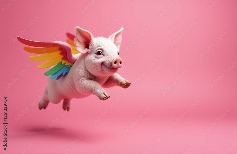 A Playful Pig With Colorful Wings Soars Against A Vibrant Pink Background, Leaving Ample Space For Creative Text Overlay. 00002 A Playful Pig With Colorful Wings Soars Against A Vibrant Pink Background, Leaving Ample Space For Creative Text Overlay. 00002