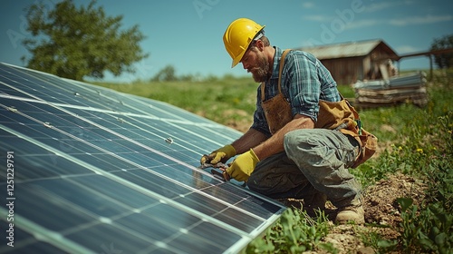 Worker installing solar panels on rural farm photo