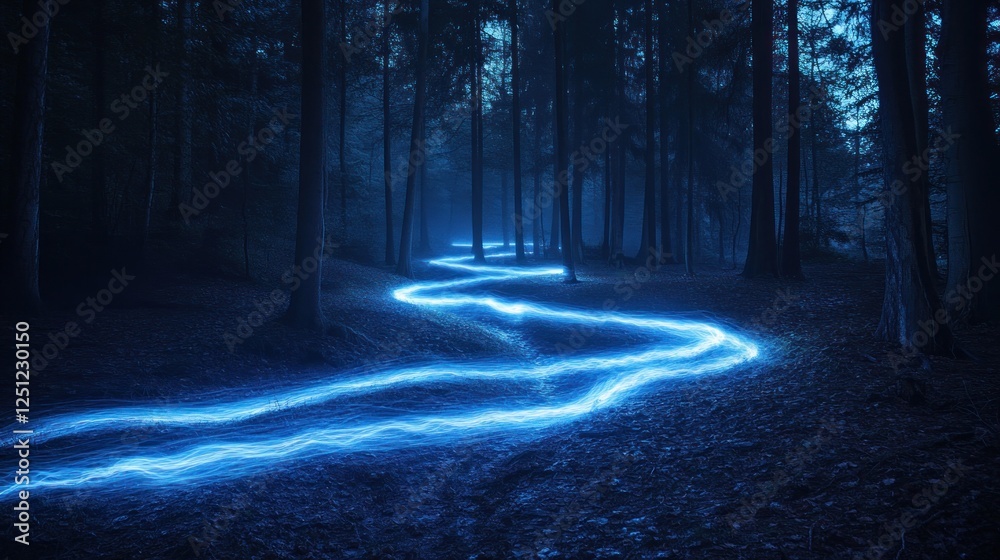 Fototapeta premium Glowing path winding through dark, misty forest at night, magical light trail