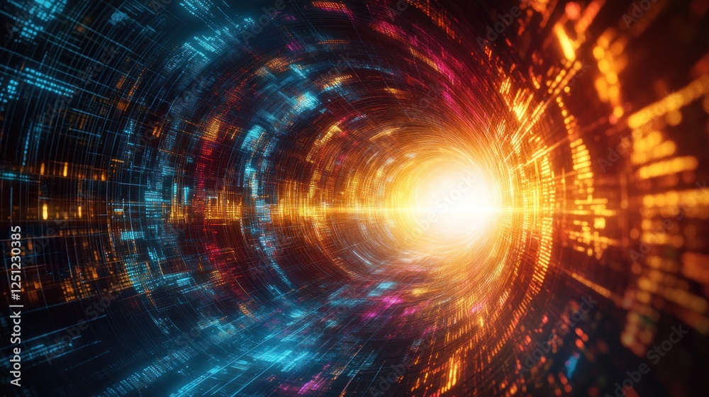 Obraz premium Digital data tunnel, swirling lights, futuristic travel, bright end, tech background
