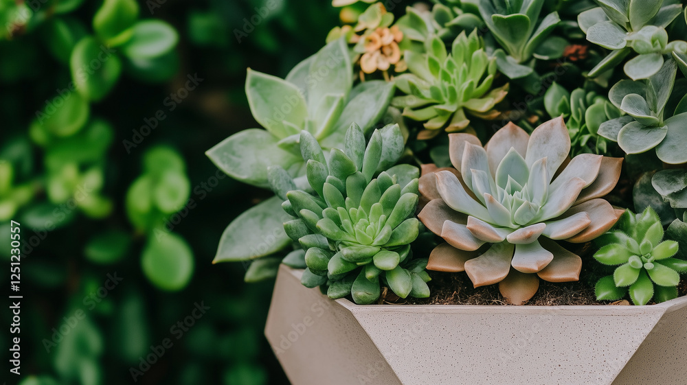 Succulent plants in decorative pot, showcasing various green shades and textures, create vibrant and calming atmosphere in any space Succulent plants in decorative pot, showcasing various green shades and textures, create vibrant and calming atmosphere in any space