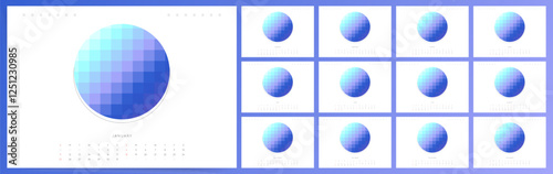 Minimal 2026 calendar design. Week starts on Sunday. Editable clean and elegant calendar page template. Abstract Mosaic trendy design for desktop design 2026 calendar planner. Set of 12 months	