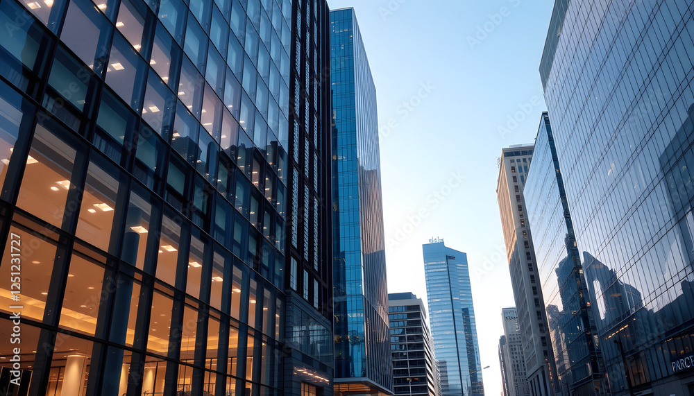 Naklejka premium Glass office business buildings downtown. Business concept. Contemporary architectural background, Side lit. with white shades