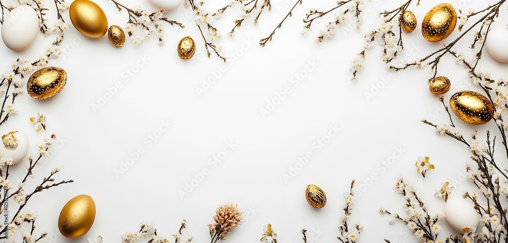 Fototapeta premium Easter banner with golden eggs, willow catkins, and spring flowers on a white background. Flat lay style. Top view. Free space for text. Spring template.