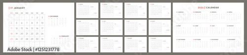 Calendar 2026, Calendar 2026 Sunday Start Minimalist Design Template with place for Notes.	