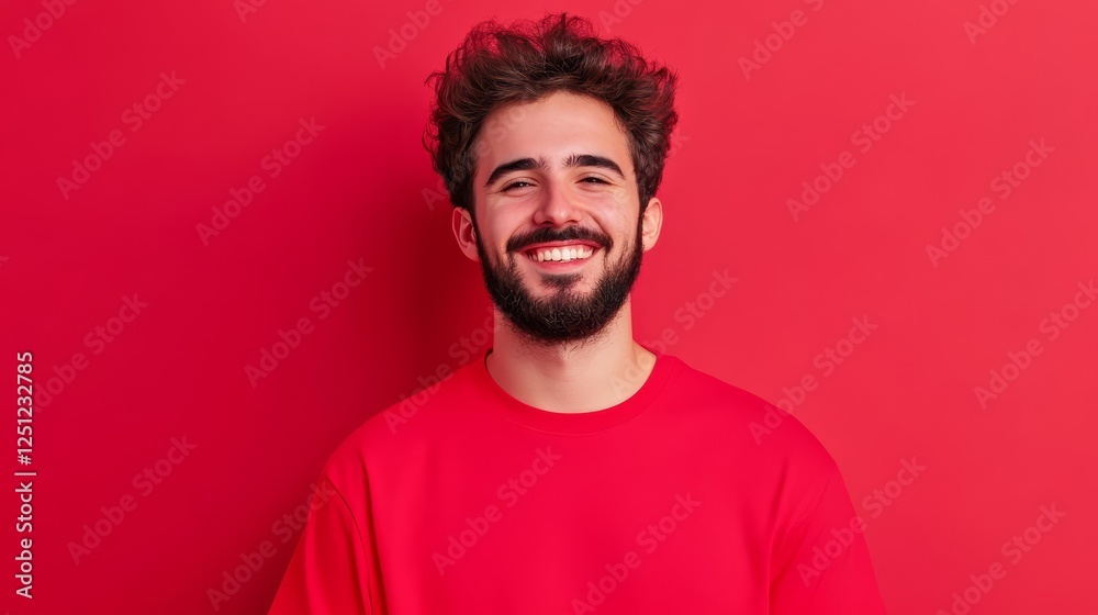 Happy Man Smiling Red Background - A young man with a beard smiles happily against a vibrant red background. Perfect for positive, joyful themes.