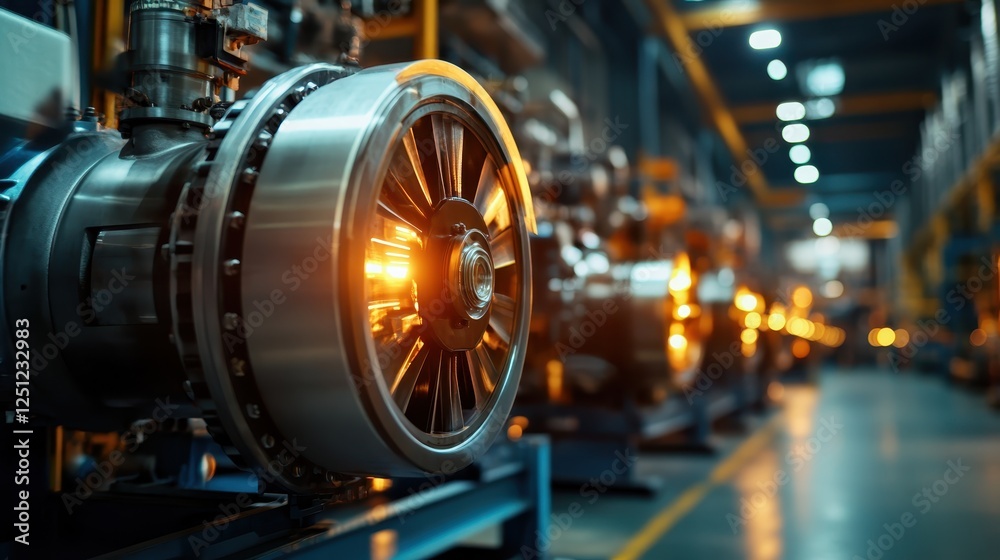 Fototapeta premium An impressive view of an industrial engine room where futuristic technology meets bright lighting, representing advanced manufacturing processes in action.