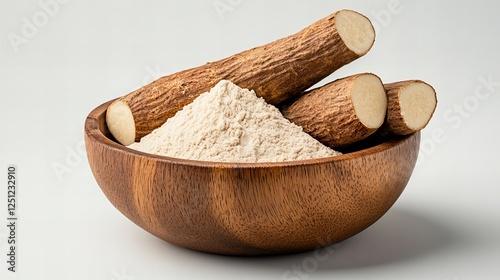 Cassava flour and roots in a wooden bowl.  A healthy and nutritious food.