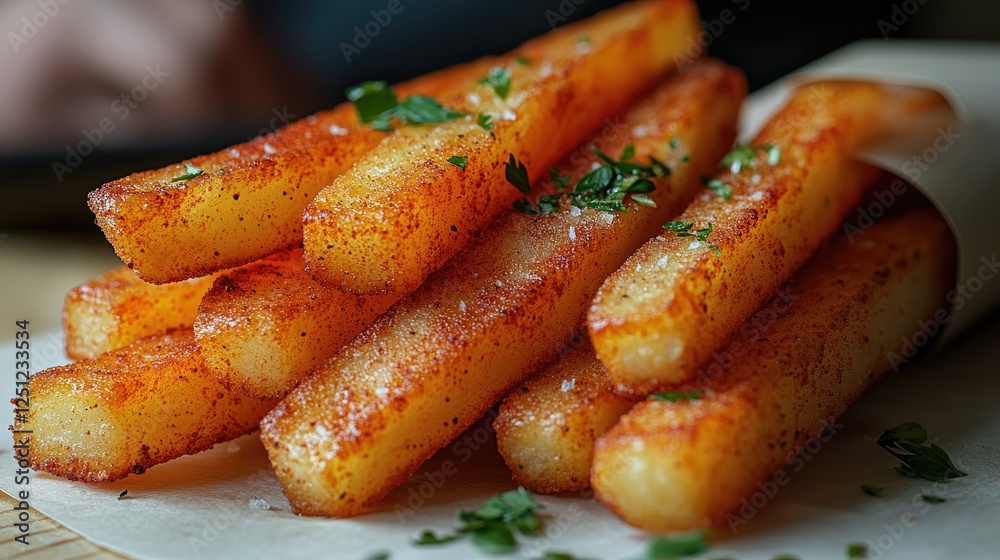 Sliced potatoes in the background with one whole potato and several thinly sliced potato chips in the foreground. Sliced potatoes in the background with one whole potato and several thinly sliced potato chips in the foreground.