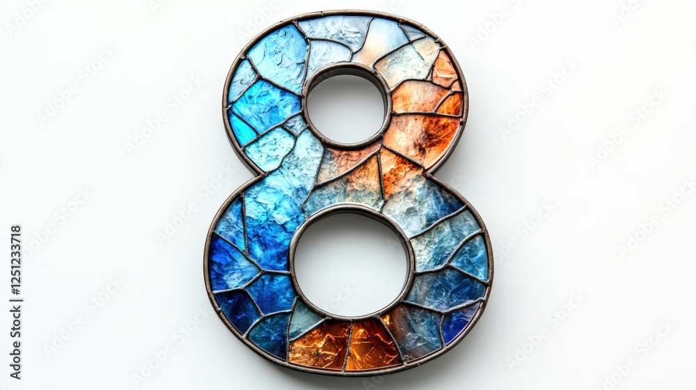 Obraz premium Number 8 made of stained glass with blue and orange hues, framed in metal on a white background