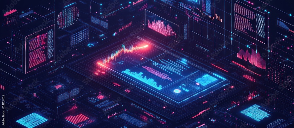 Fototapeta premium Digital market decline; data screen shows falling graph amidst glowing tech interface