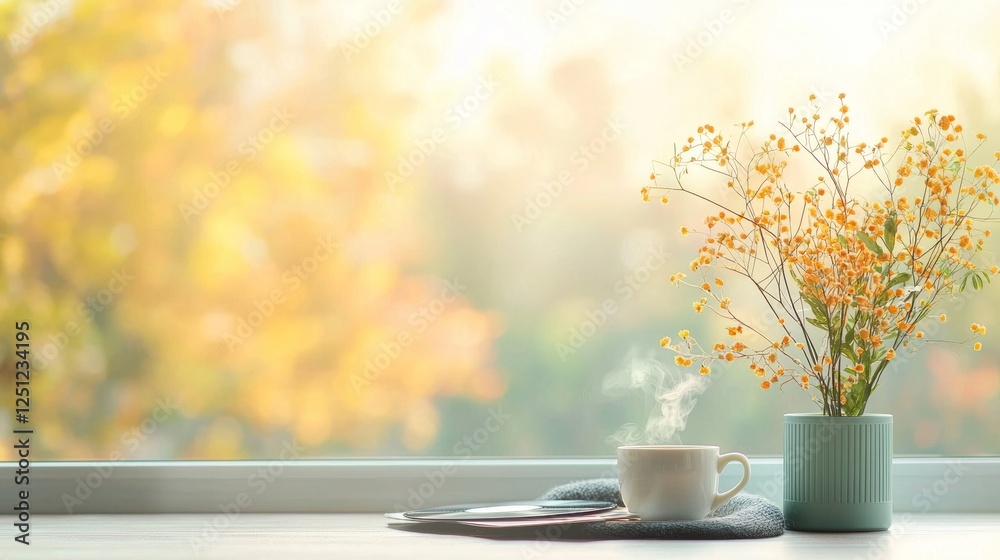 Warm autumn morning ritual coffee and flowers on a cozy windowsill indoor setting soft natural lighting inviting atmosphere Warm autumn morning ritual coffee and flowers on a cozy windowsill indoor setting soft natural lighting inviting atmosphere