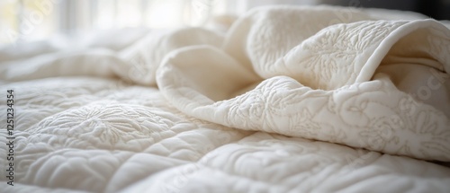 Embroidered cream quilt on bed, sunlit room.  Home d?cor