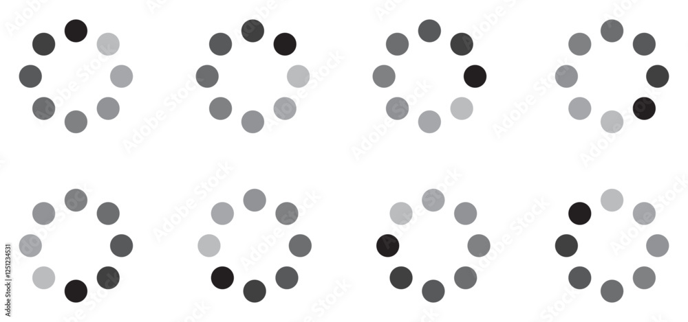 Set of rotating loading spinner frames in grayscale, circular progress indicators for UI design, minimal buffering icons, seamless animation steps for apps, websites, and interfaces. Icons, vector. Set of rotating loading spinner frames in grayscale, circular progress indicators for UI design, minimal buffering icons, seamless animation steps for apps, websites, and interfaces. Icons, vector.