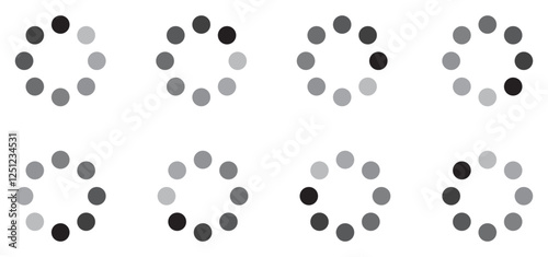 Set of rotating loading spinner frames in grayscale, circular progress indicators for UI design, minimal buffering icons, seamless animation steps for apps, websites, and interfaces. Icons, vector.