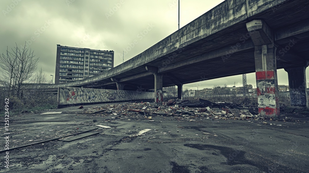 Obraz premium Urban decay Overpass, graffiti, debris, gloomy sky, city backdrop
