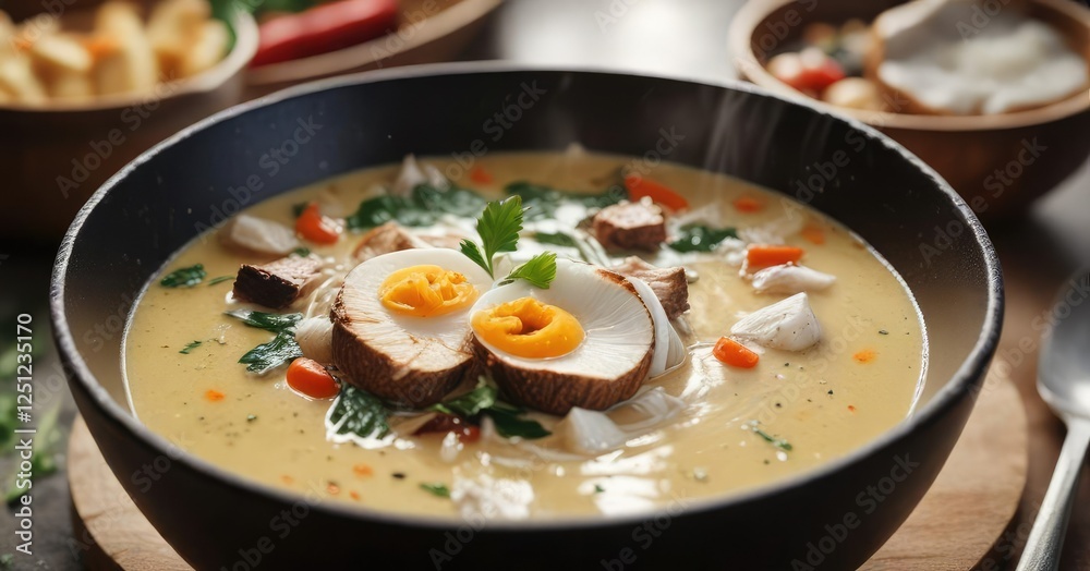 Acaraje in a steaming bowl of coconut milk broth , Brazilian cuisine, soup