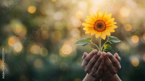 Embracing nature's beauty sunflower gently cradled by hands outdoor garden photography warm light close-up growth and hope photo