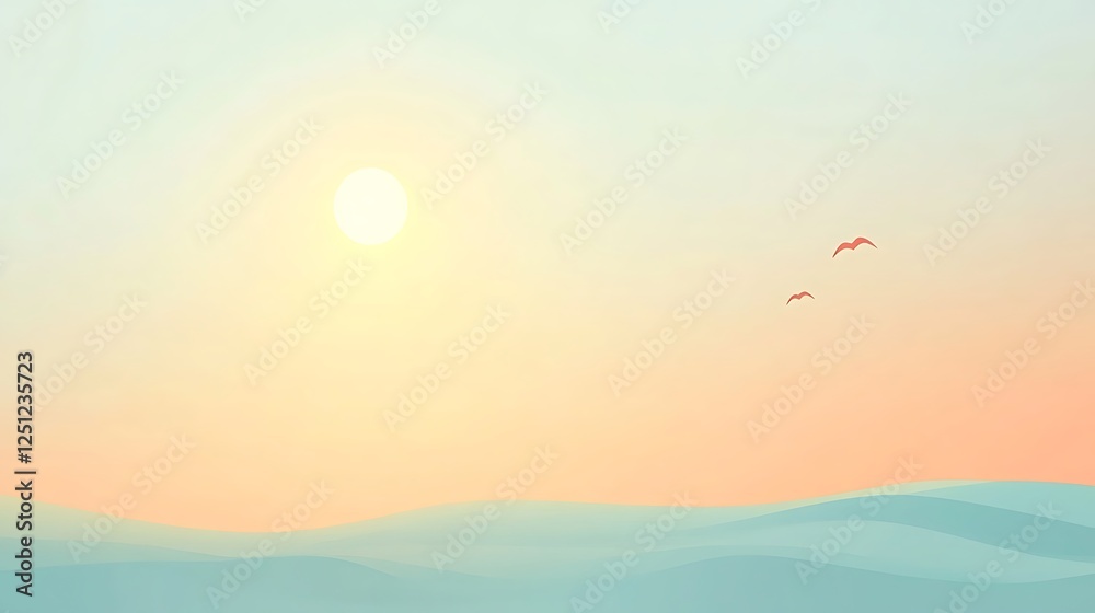 Obraz premium Peaceful Sunset Over Rolling Ocean Waves With Birds